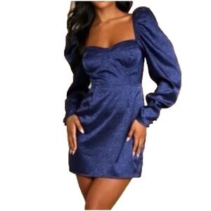 Lulus Satin Mini Dress Milkmaid Corset Size large Blue Jacquard Glam Party NEW